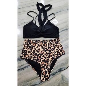 GRACE Tempt Two Pc High Waisted Bikini Black Leopard Molded Padded Bra Large NWT